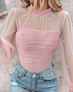 Pearl-Embellished Mesh-Inset Ruched Tee with Open-Back Detail