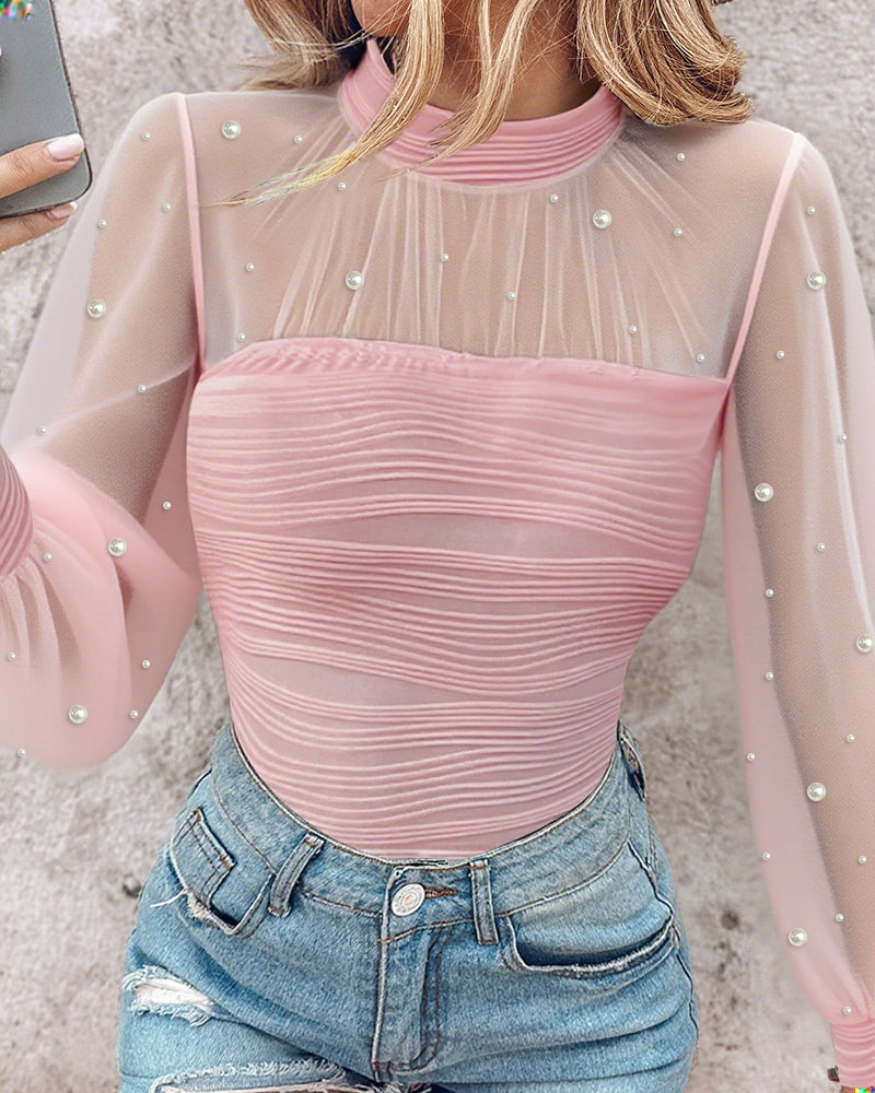 Pearl-Embellished Mesh-Inset Ruched Tee with Open-Back Detail