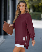 Drop Shoulder Zip-Side Long Sleeve Pullover with Slit Detail.