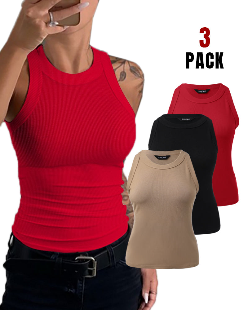 3-Pack Knit Racerback Tank Tops, Round Neck, Thick Straps