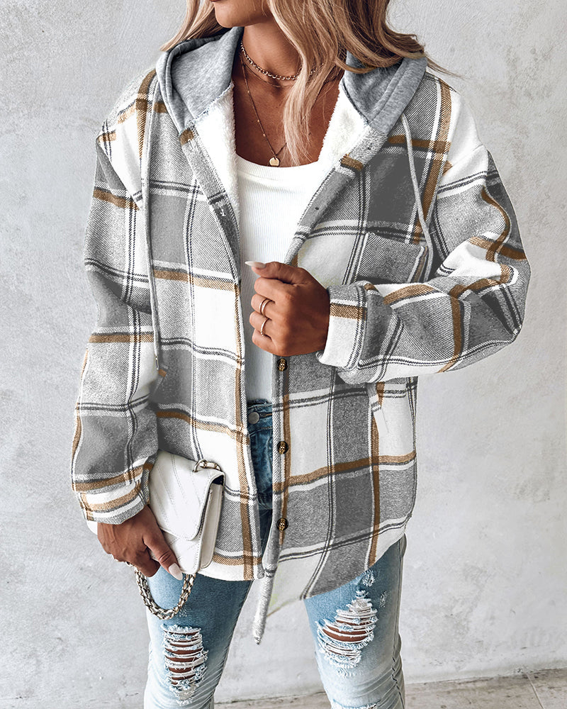Hooded Plaid Shacket with Long Sleeves and Fleece Lining
