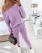 2-Piece Asymmetrical Neck Sweater and Drawstring Slim-Fit Pants Set
