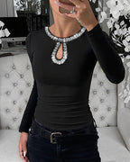 Rhinestone Keyhole Neck Ribbed Top with Hollow Water Drop Detail
