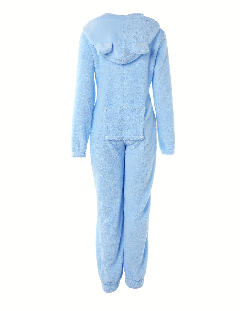 3D Ear-Buttoned Fluffy Lounge Jumpsuit with Practical Features