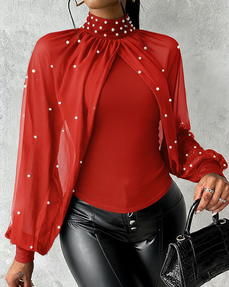 Pearl-Embellished High Neck Chiffon Tee with Draped Cape Sleeves