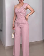 One-Shoulder Rhinestone Floral Crop Top with High-Waisted Pants Set