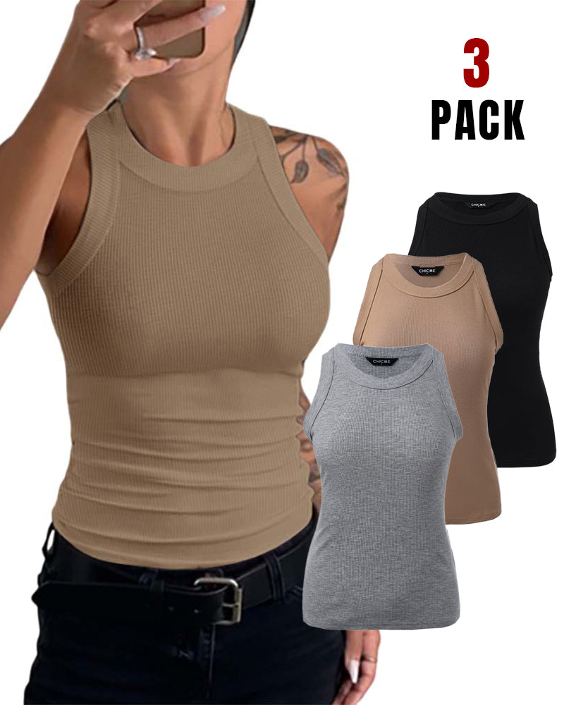 3-Pack Knit Racerback Tank Tops, Round Neck, Thick Straps