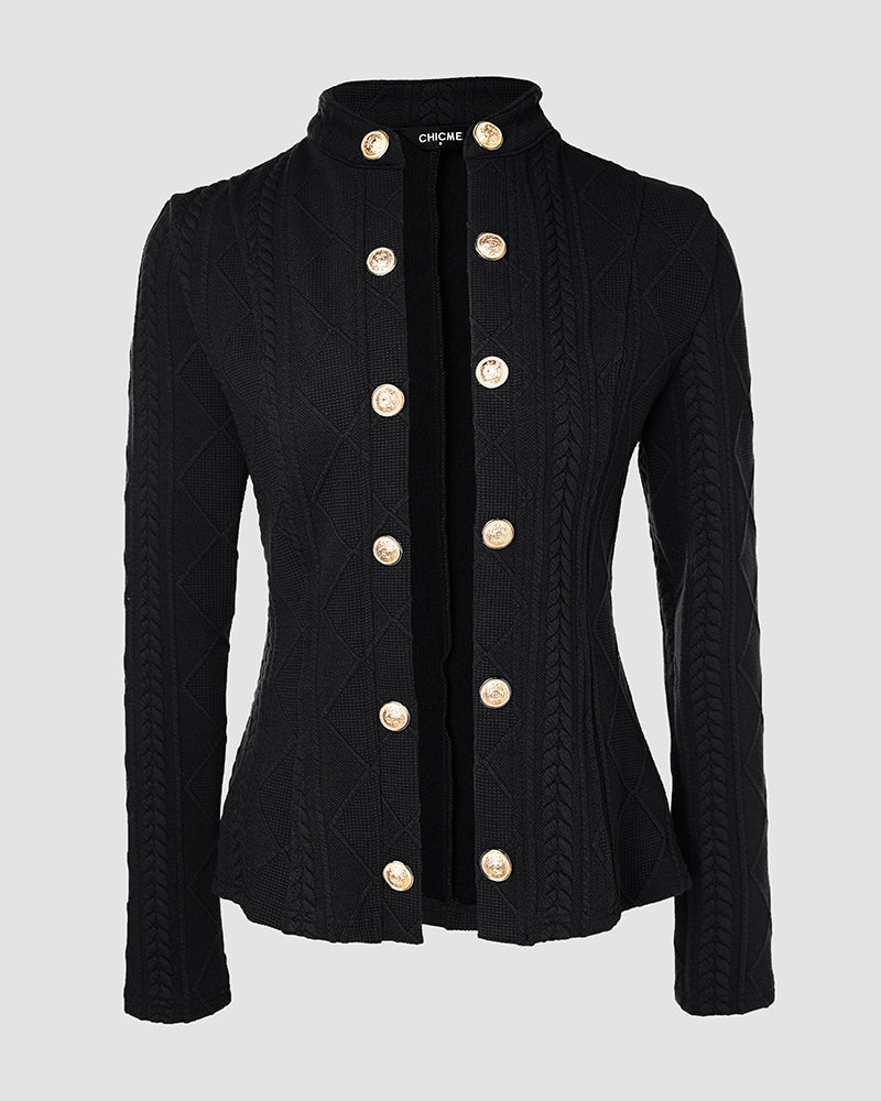 Argyle & Cable Textured Double-Breasted Coat with Metal Button Stand