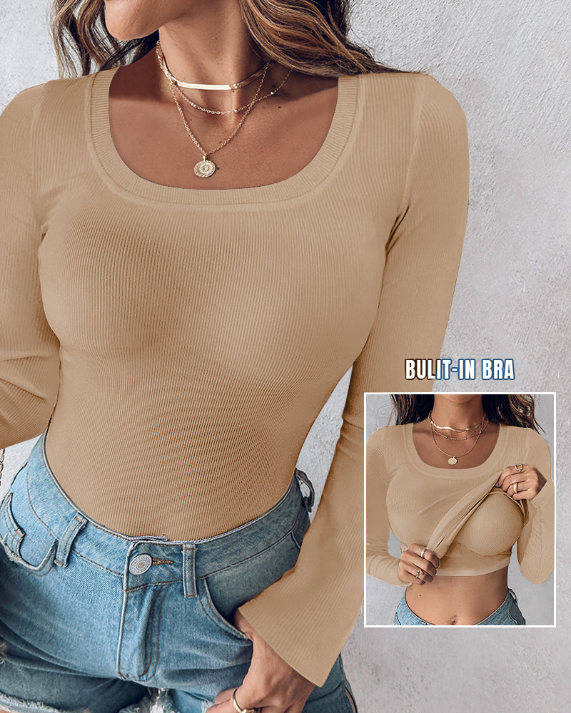 U-Neck Long Sleeve Ribbed Top with Built-In Bra