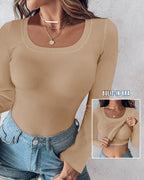 U-Neck Long Sleeve Ribbed Top with Built-In Bra
