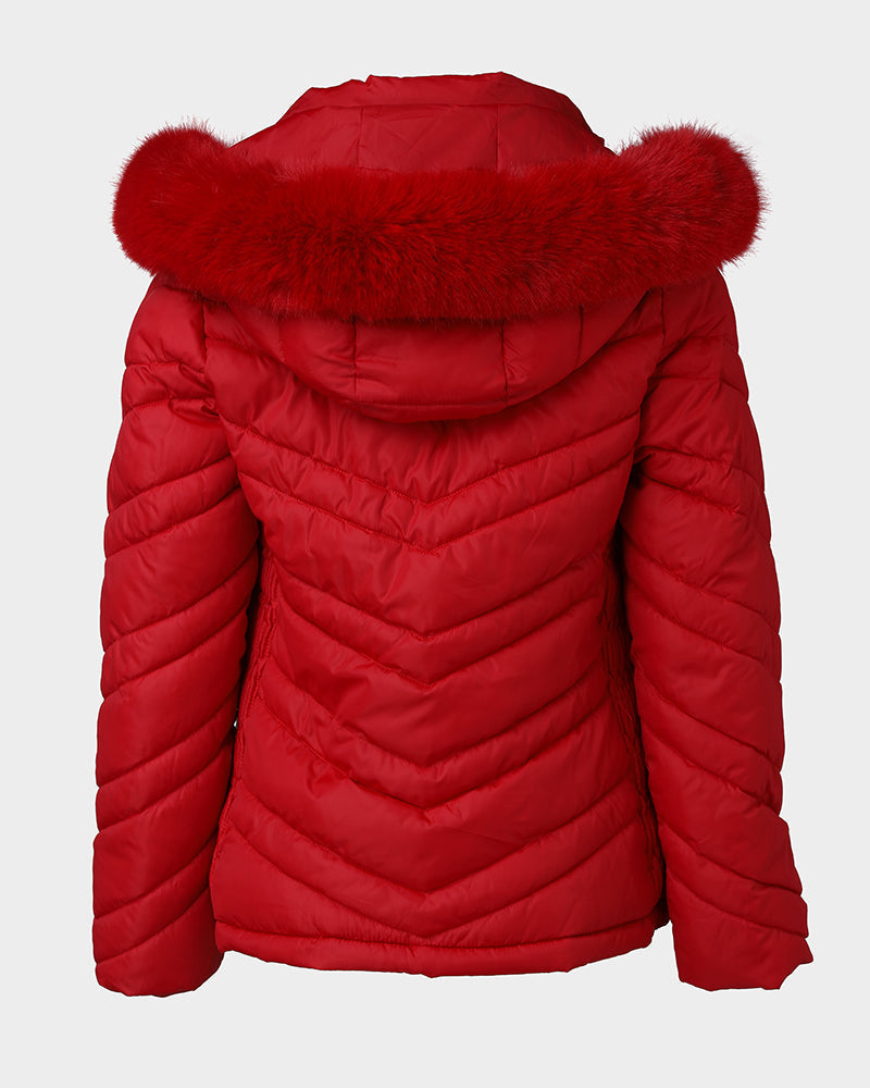 Fuzzy Trim Hooded Puffer Jacket with Shirred Zipper Pockets
