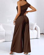 Buckled Cold Shoulder Ruched Wide-Leg Fashion Jumpsuit