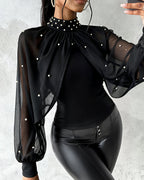 Pearl-Embellished High Neck Chiffon Tee with Draped Cape Sleeves