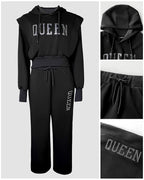2-Piece 3D Rhinestone Letter Hoodie with Wide-Leg Sweatpants Set