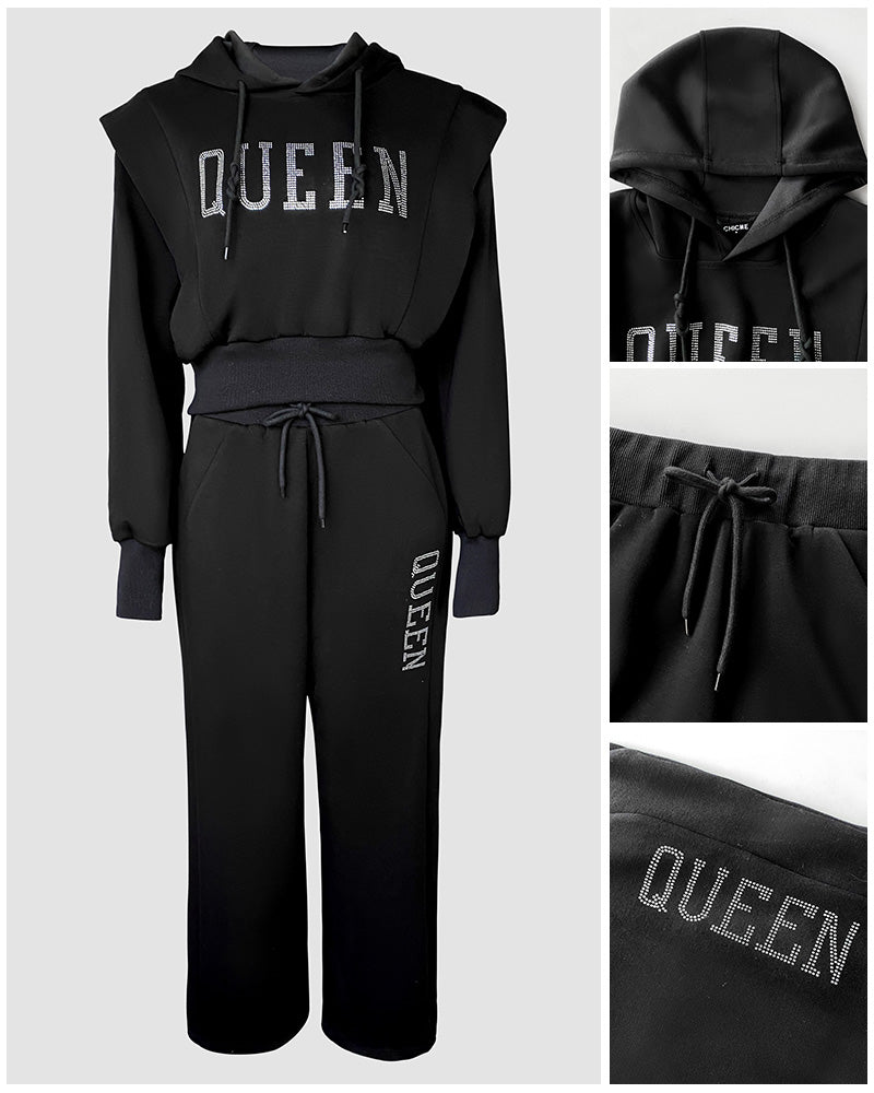2-Piece 3D Rhinestone Letter Hoodie with Wide-Leg Sweatpants Set