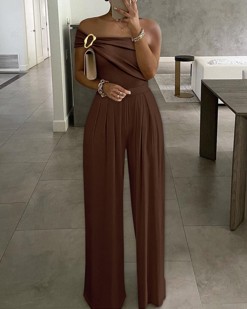 Buckled Cold Shoulder Ruched Wide-Leg Fashion Jumpsuit