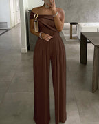 Buckled Cold Shoulder Ruched Wide-Leg Fashion Jumpsuit