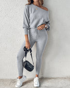 Skew Neck Pullover with High-Waist Drawstring Pants Set