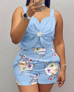 2-Piece Rhinestone & 3D Floral Crop Top and Shorts Set