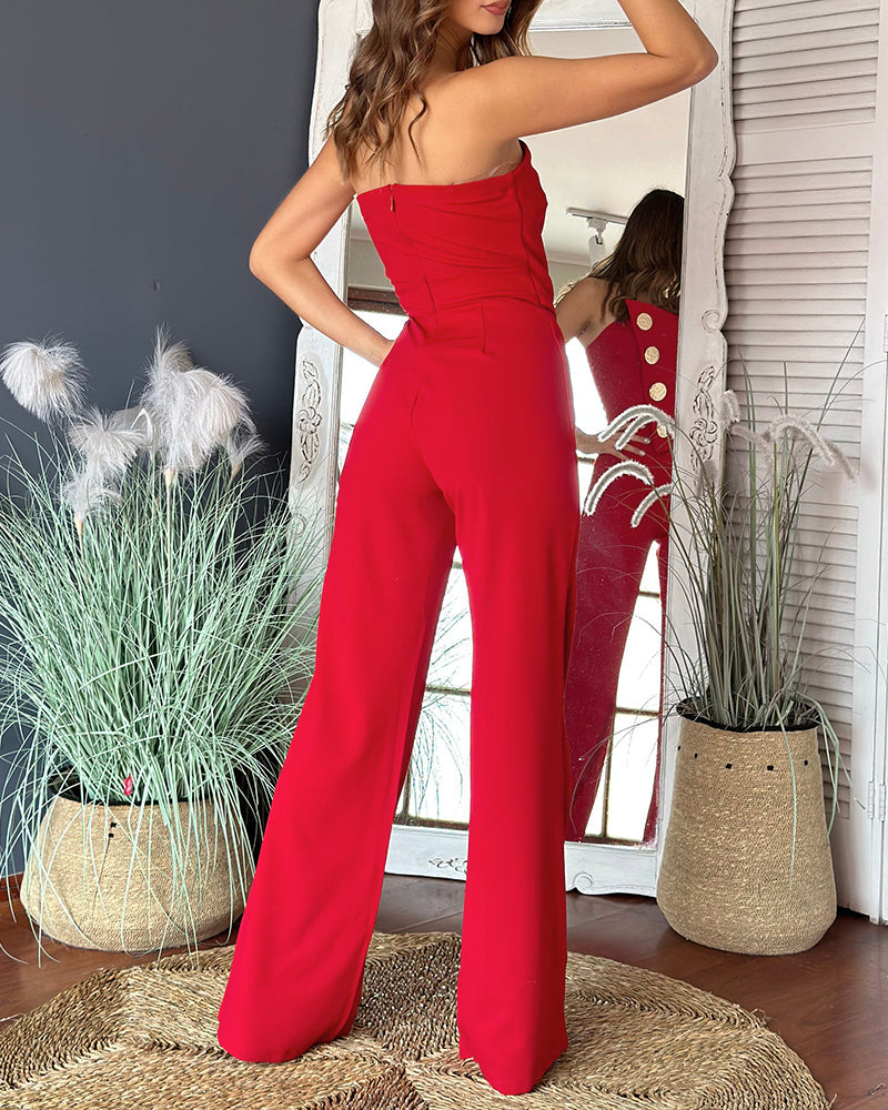 Asymmetrical Strapless Overalls with Metal Button Accents