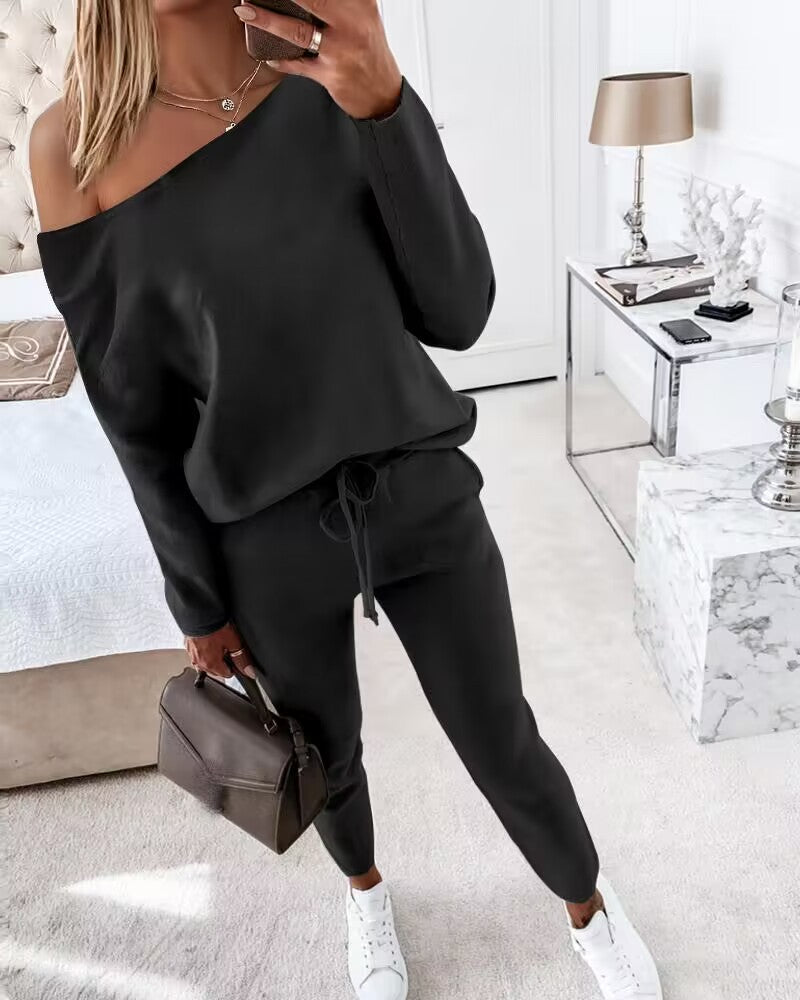 2-Piece Asymmetrical Neck Sweater and Drawstring Slim-Fit Pants Set