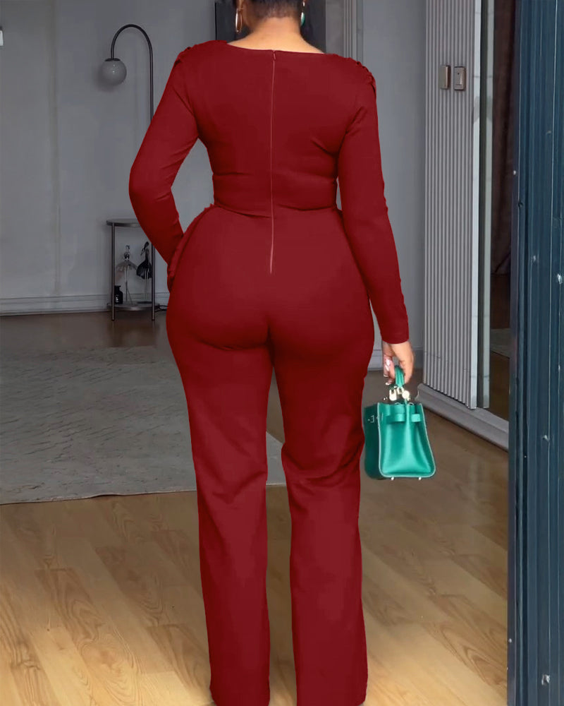 Cowl Neck Asymmetrical Cinched Waist Wide Leg Zippered Jumpsuit