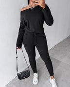 2-Piece Asymmetrical Neck Sweater and Drawstring Slim-Fit Pants Set