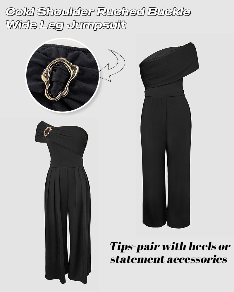 Buckled Cold Shoulder Ruched Wide-Leg Fashion Jumpsuit