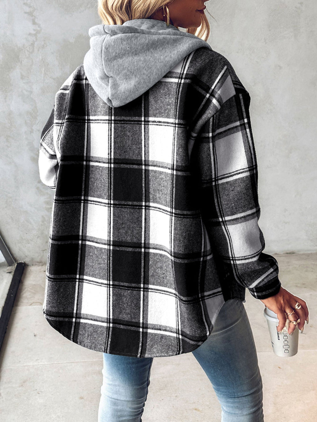 Hooded Plaid Shacket with Long Sleeves and Fleece Lining