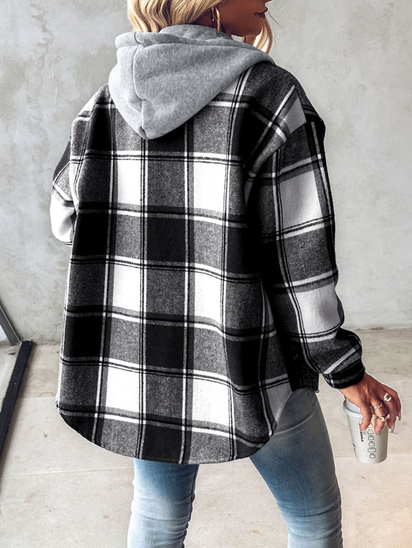 Hooded Plaid Shacket with Long Sleeves and Fleece Lining