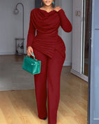 Cowl Neck Asymmetrical Cinched Waist Wide Leg Zippered Jumpsuit