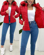 Fuzzy Trim Hooded Puffer Jacket with Shirred Zipper Pockets