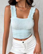 Floral Jacquard Square Neck Crop Top with Thick Straps