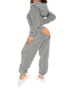 3D Ear-Buttoned Fluffy Lounge Jumpsuit with Practical Features