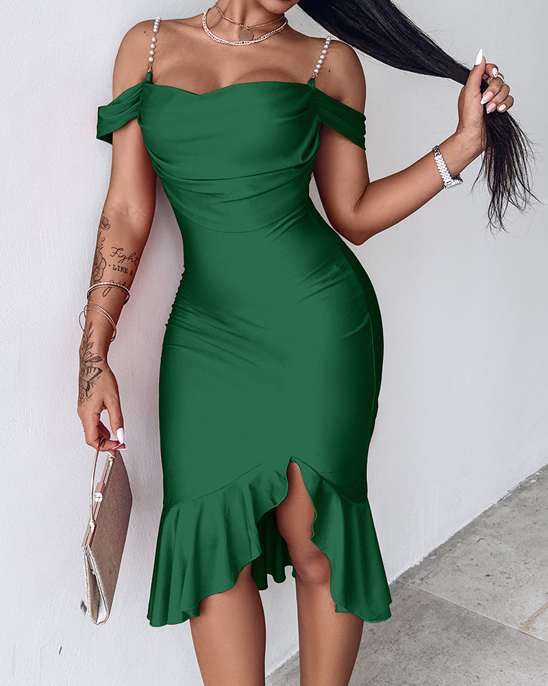 Pearl-Strap Cowl Neck Bodycon Dress with Ruffled Hem