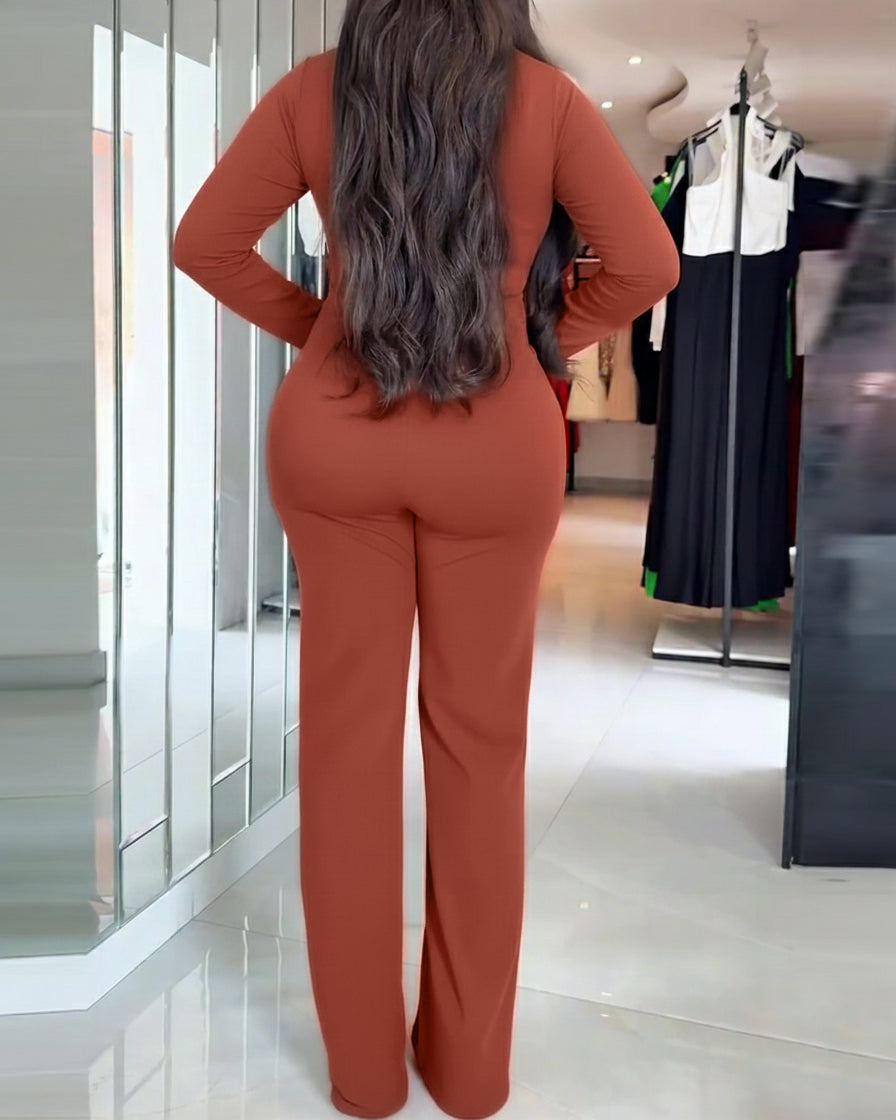Golden Button Front Overalls with Zip-Back Two-Piece Jumpsuit