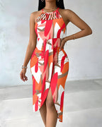 Colorblock Criss Cross Halter with Ruched Tie Vacation Dress