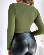 U-Neck Long-Sleeve Tee with Integrated Bra: High-Stretch Knit Top