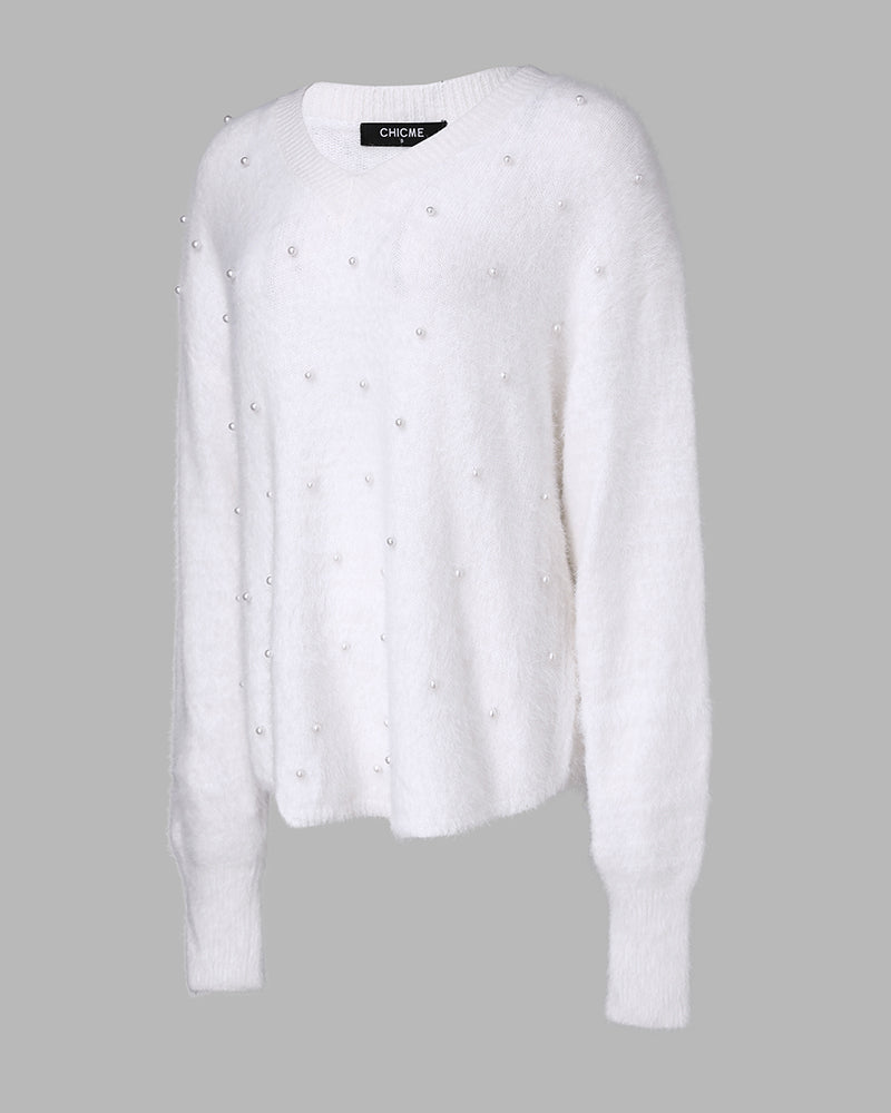 V-Neck Beaded Long Sleeve Fluffy Oversized Pullover Sweater