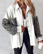 Raw Hem Sequin Patchwork Denim Shacket with Button Front