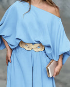 Lantern Sleeve Top and Wide Leg Pants Set with Zipper