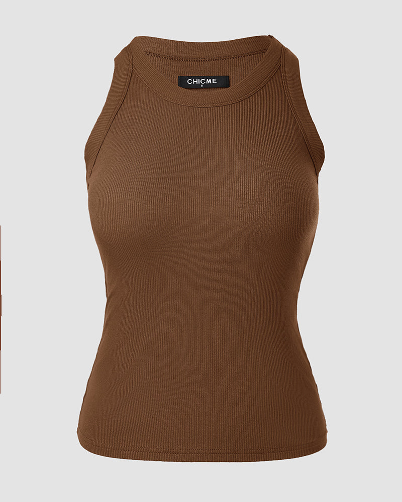 Ribbed Tank Top with Built-In Bra and Round Neck