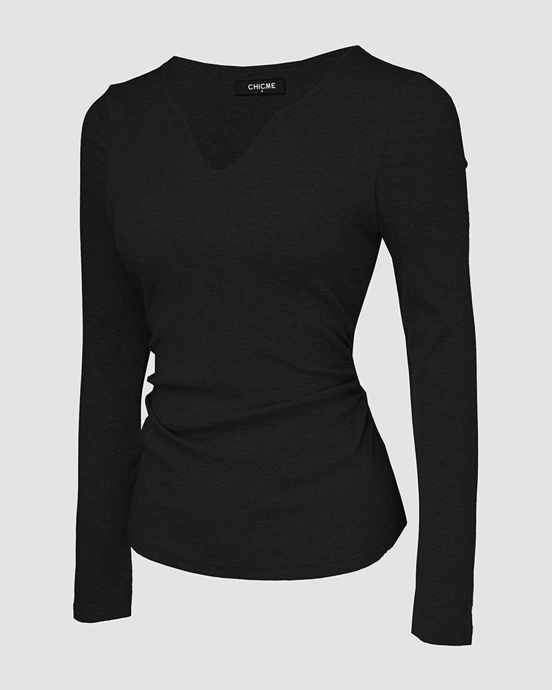 Rib Knit Notch Neck Long Sleeve Top with Built-In Bra