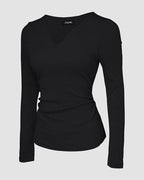 Rib Knit Notch Neck Long Sleeve Top with Built-In Bra