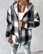 Hooded Plaid Shacket with Long Sleeves and Fleece Lining