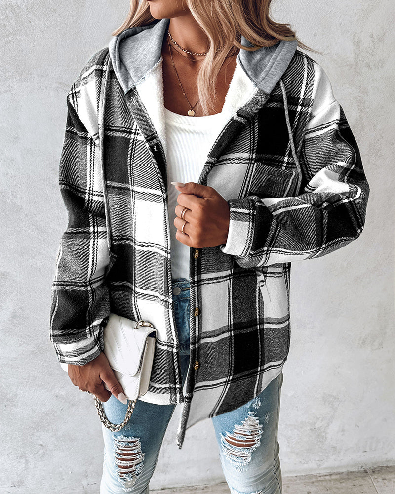 Hooded Plaid Shacket with Long Sleeves and Fleece Lining