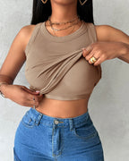 Ribbed Tank Top with Built-In Bra and Round Neck