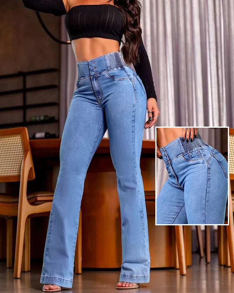 CurveEase High-Waisted Flared Skinny Jeans with Button Detail