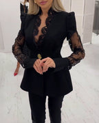 V-Neck Puff Sleeve A-Line Blazer with Eyelash Lace Trim