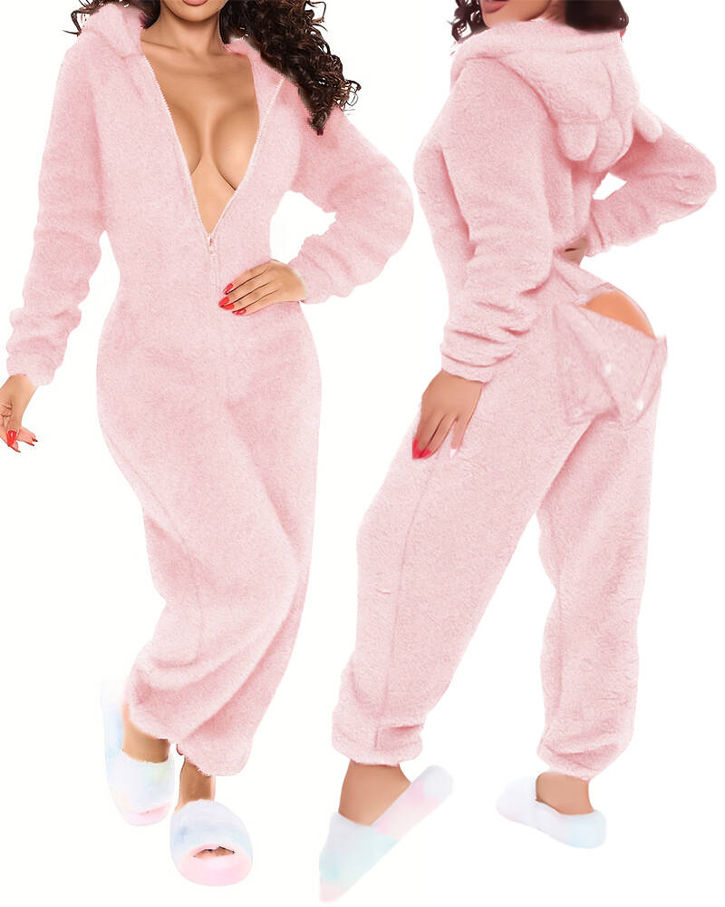3D Ear-Buttoned Fluffy Lounge Jumpsuit with Practical Features
